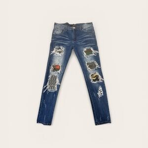 AMIRI Blue Distressed Skinny Jeans with Patchwork Size 32